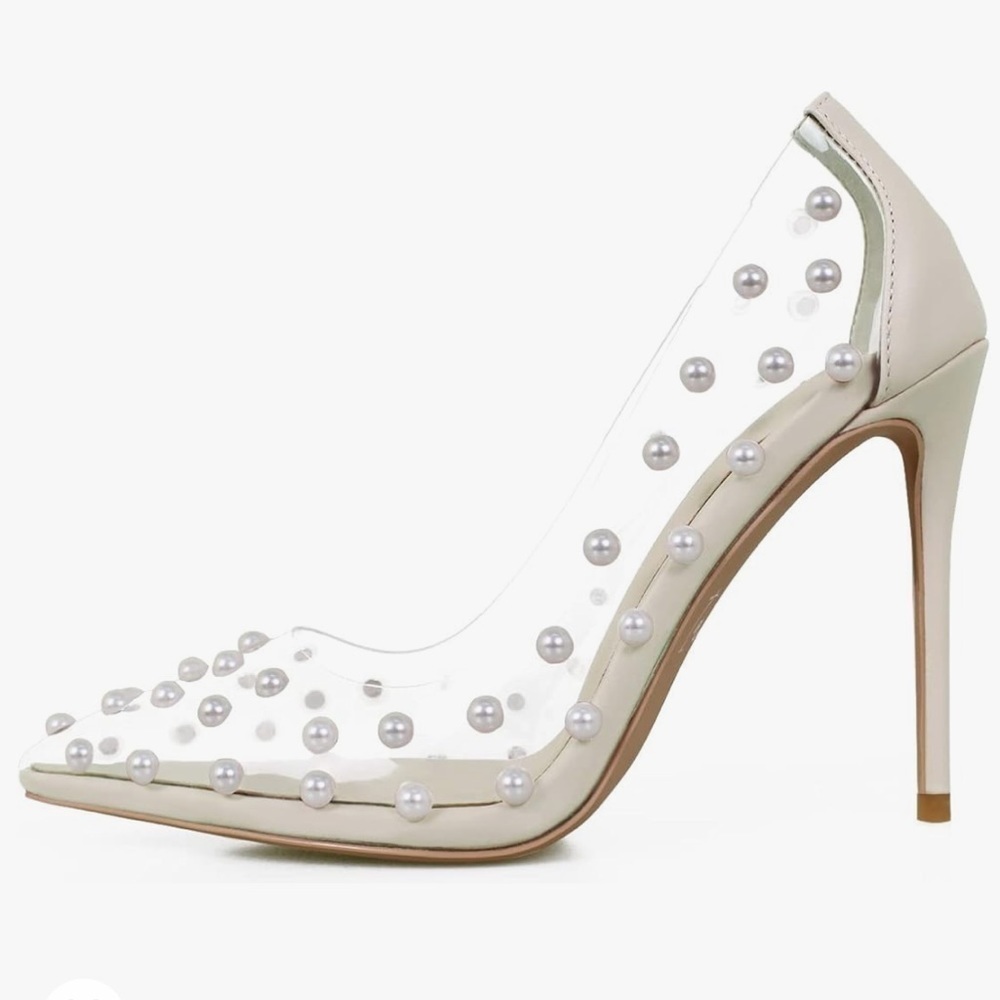 Women's Pumps 4inch (11cm) Pointed Toe High Heels Pearl Studded PVC Clear Heels - Picture 2 of 7